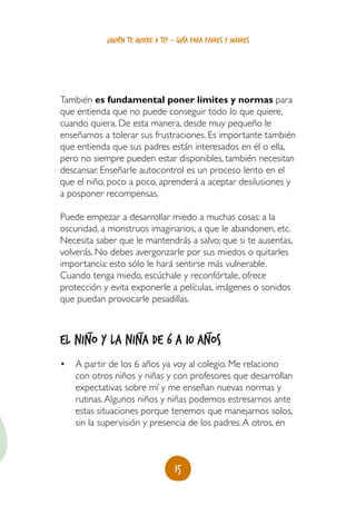 15
¿quién te quiere a ti? - guía para padres y madres
También es fundamental poner límites y normas para
que entienda que no puede conseguir todo lo que quiere,
cuando quiera. De esta manera, desde muy pequeño le
enseñamos a tolerar sus frustraciones. Es importante también
que entienda que sus padres están interesados en él o ella,
pero no siempre pueden estar disponibles, también necesitan
descansar. Enseñarle autocontrol es un proceso lento en el
que el niño, poco a poco, aprenderá a aceptar desilusiones y
a posponer recompensas.
Puede empezar a desarrollar miedo a muchas cosas: a la
oscuridad, a monstruos imaginarios, a que le abandonen, etc.
Necesita saber que le mantendrás a salvo; que si te ausentas,
volverás. No debes avergonzarle por sus miedos o quitarles
importancia: esto sólo le hará sentirse más vulnerable.
Cuando tenga miedo, escúchale y reconfórtale, ofrece
protección y evita exponerle a películas, imágenes o sonidos
que puedan provocarle pesadillas.
El niño y la niña de 6 a 10 años
•	 A partir de los 6 años ya voy al colegio. Me relaciono
con otros niños y niñas y con profesores que desarrollan
expectativas sobre mí y me enseñan nuevas normas y
rutinas.Algunos niños y niñas podemos estresarnos ante
estas situaciones porque tenemos que manejarnos solos,
sin la supervisión y presencia de los padres.A otros, en
__ _
 