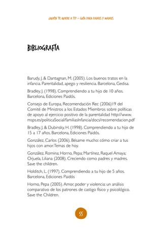 55
¿quién te quiere a ti? - guía para padres y madres
bibliografía
Barudy, J. & Dantagnan, M. (2005). Los buenos tratos en la
infancia. Parentalidad, apego y resiliencia. Barcelona, Gedisa.
Bradley, J. (1998). Comprendiendo a tu hijo de 10 años.
Barcelona, Ediciones Paidós.
Consejo de Europa, Recomendación Rec (2006)19 del
Comité de Ministros a los Estados Miembros sobre políticas
de apoyo al ejercicio positivo de la parentalidad http://www.
msps.es/politicaSocial/familiasInfancia/docs/recomendacion.pdf
Bradley, J. & Dubinsky, H. (1998). Comprendiendo a tu hijo de
15 a 17 años. Barcelona, Ediciones Paidós.
González, Carlos (2006). Bésame mucho: cómo criar a tus
hijos con amor.Temas de hoy.
González, Romina; Horno, Pepa; Martínez, Raquel Amaya;
Orjuela, Liliana (2008). Creciendo como padres y madres.
Save the children.
Holditch, L. (1997). Comprendiendo a tu hijo de 5 años.
Barcelona, Ediciones Paidós
Horno, Pepa (2005).Amor, poder y violencia: un análisis
comparativo de los patrones de castigo físico y psicológico.
Save the Children.
 