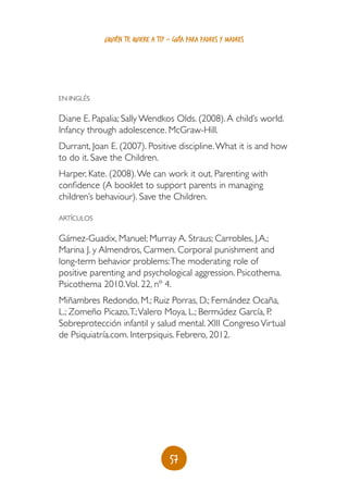 57
¿quién te quiere a ti? - guía para padres y madres
En inglés
Diane E. Papalia; Sally Wendkos Olds. (2008).A child’s world.
Infancy through adolescence. McGraw-Hill.
Durrant, Joan E. (2007). Positive discipline.What it is and how
to do it. Save the Children.
Harper, Kate. (2008).We can work it out. Parenting with
confidence (A booklet to support parents in managing
children’s behaviour). Save the Children.
Artículos
Gámez-Guadix, Manuel; Murray A. Straus; Carrobles, J.A.;
Marina J. y Almendros, Carmen. Corporal punishment and
long-term behavior problems:The moderating role of
positive parenting and psychological aggression. Psicothema.
Psicothema 2010.Vol. 22, nº 4.
Miñambres Redondo, M.; Ruiz Porras, D.; Fernández Ocaña,
L.; Zomeño Picazo,T.;Valero Moya, L.; Bermúdez García, P.
Sobreprotección infantil y salud mental. XIII CongresoVirtual
de Psiquiatría.com. Interpsiquis. Febrero, 2012.
 