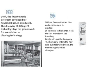 1930P&G establishes the firstoverseas subsidiary with thepurchase of the ThomasHedley & Co. Ltd. in England.Fairy Soap is one of Hedley’smain products.