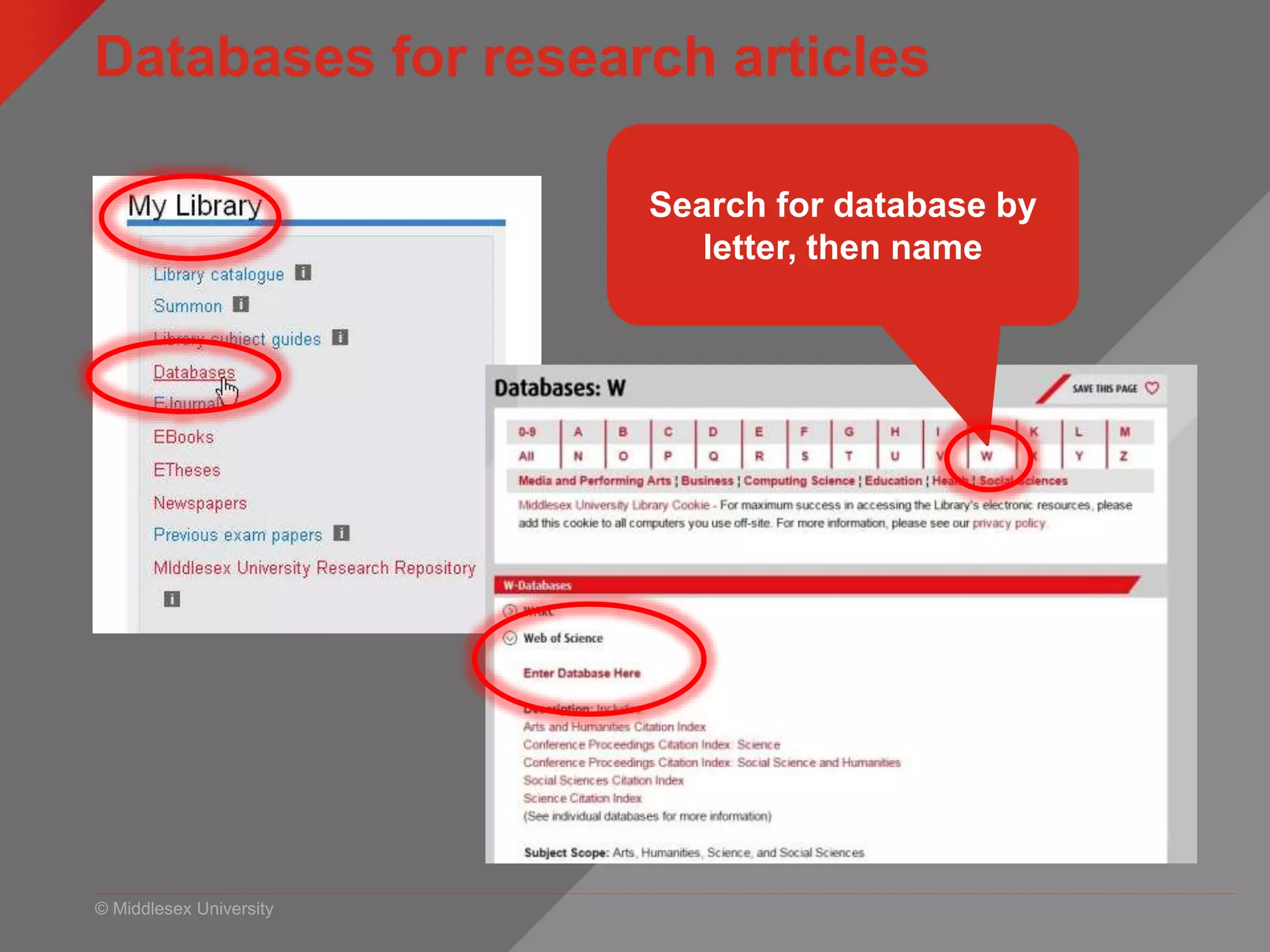 © Middlesex University
Databases for research articles
myUniHub > My Study > My Library > Databases
Search for database by
letter, then name
 