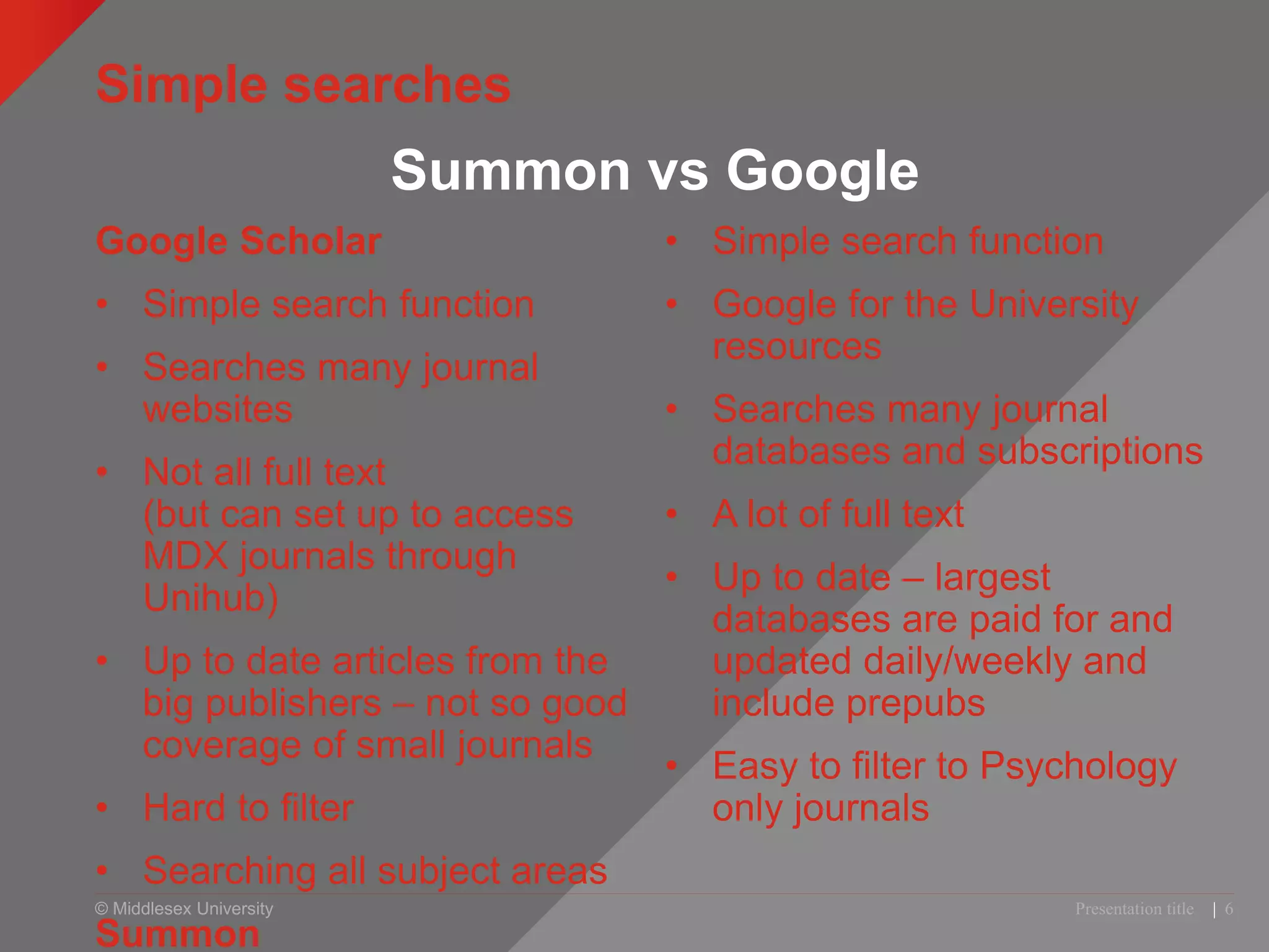 © Middlesex University
Simple searches
Google Scholar
• Simple search function
• Searches many journal
websites
• Not all full text
(but can set up to access
MDX journals through
Unihub)
• Up to date articles from the
big publishers – not so good
coverage of small journals
• Hard to filter
• Searching all subject areas
Summon
• Simple search function
• Google for the University
resources
• Searches many journal
databases and subscriptions
• A lot of full text
• Up to date – largest
databases are paid for and
updated daily/weekly and
include prepubs
• Easy to filter to Psychology
only journals
Presentation title | 6
Summon vs Google
 