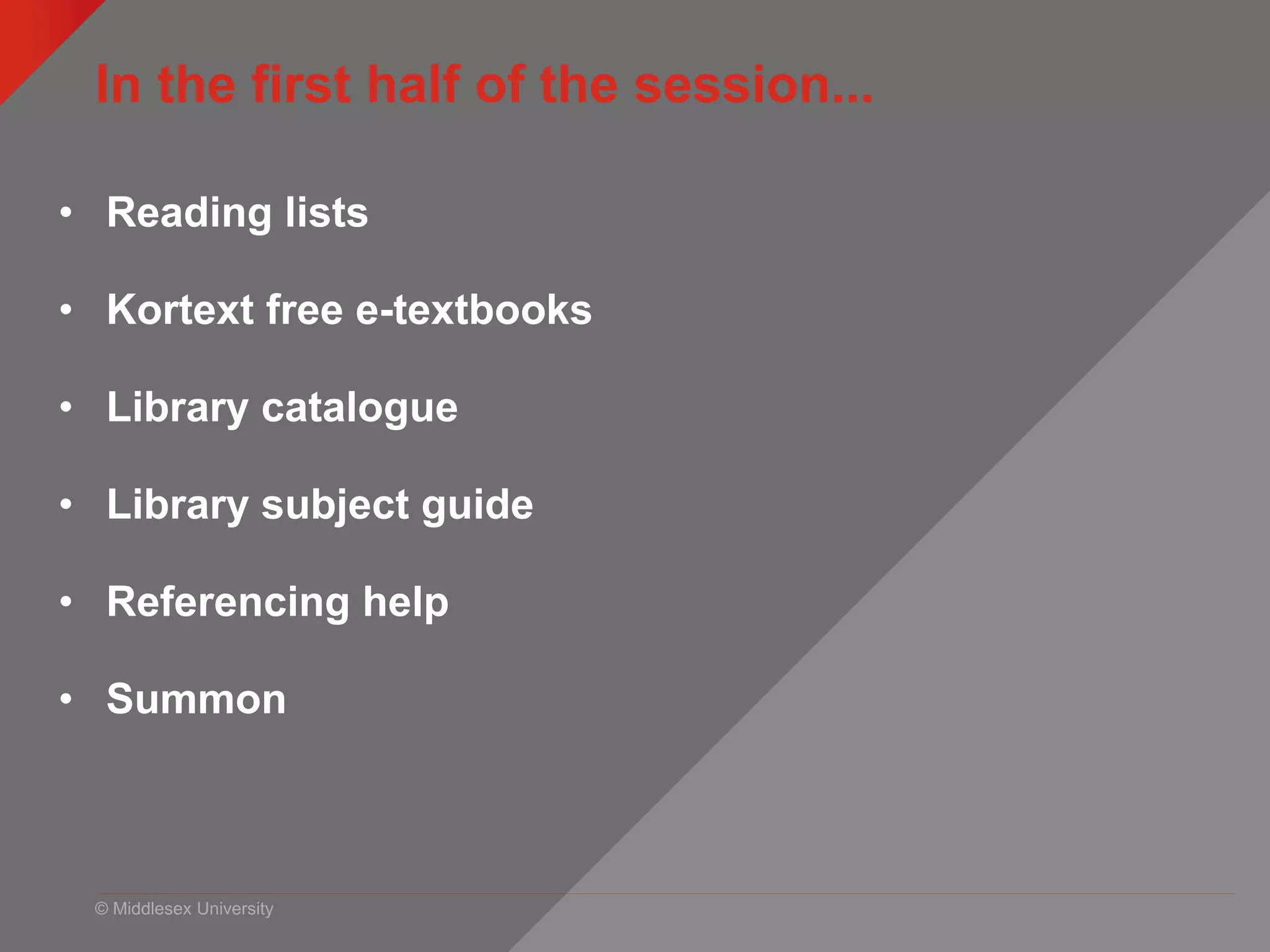 © Middlesex University
In the first half of the session...
• Reading lists
• Kortext free e-textbooks
• Library catalogue
• Library subject guide
• Referencing help
• Summon
 