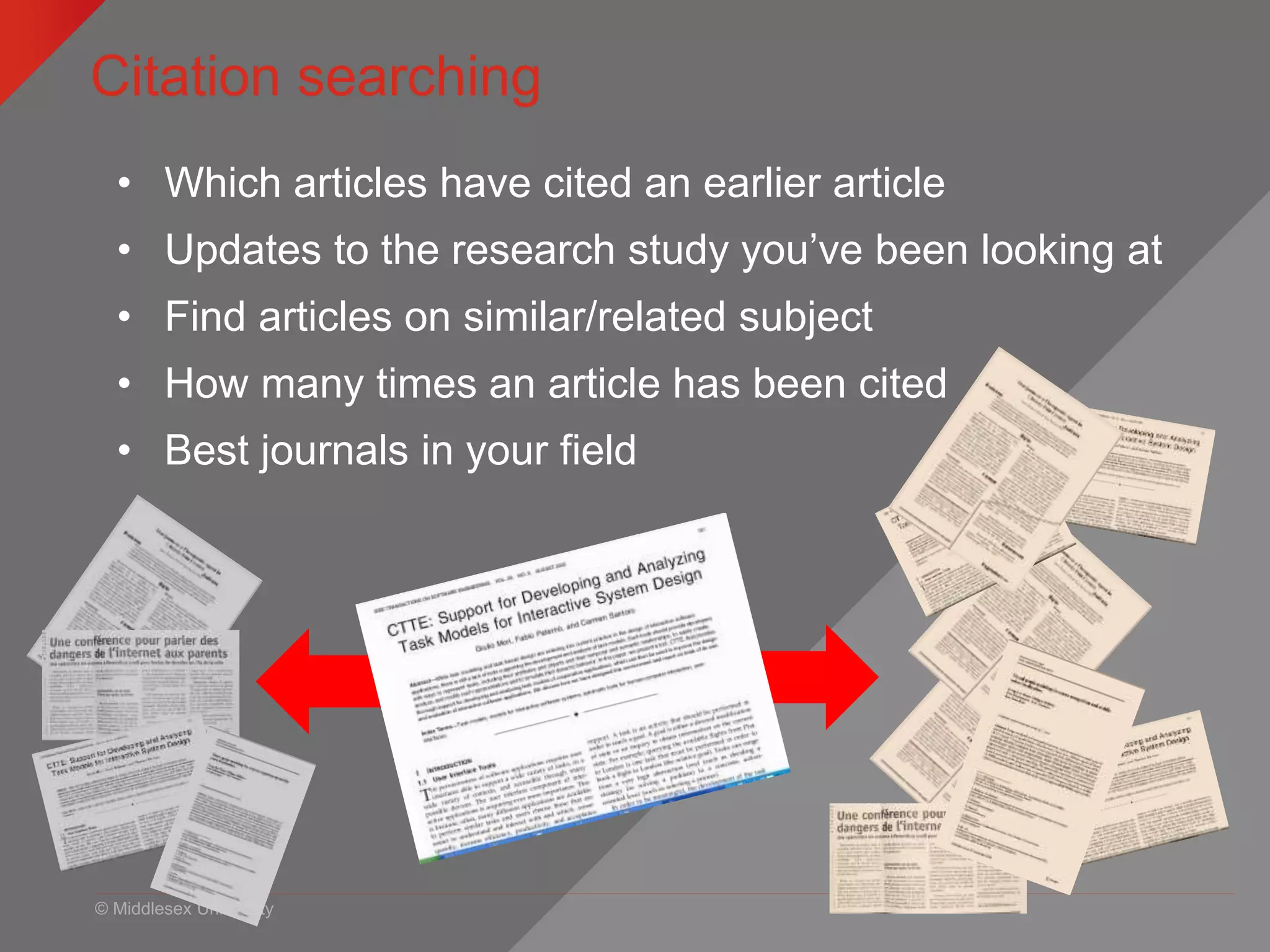 © Middlesex University
Citation searching
• Which articles have cited an earlier article
• Updates to the research study you’ve been looking at
• Find articles on similar/related subject
• How many times an article has been cited
• Best journals in your field
 