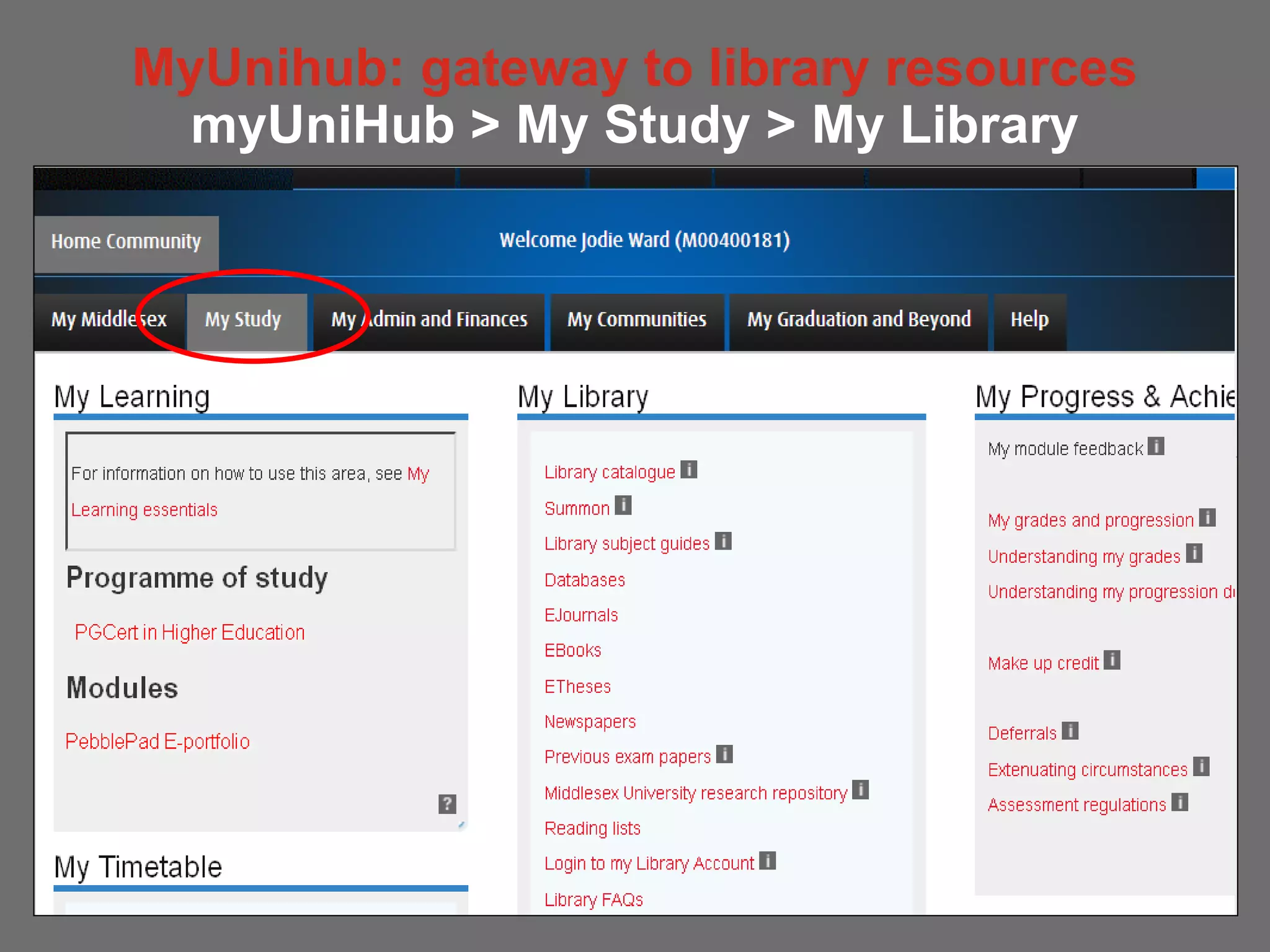 MyUnihub: gateway to library resources
myUniHub > My Study > My Library
 