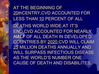 AT THE BEGINNING OF
20thCENTRY,CVD ACCOUNTED FOR
LESS THAN 10 PERCENT OF ALL
DEATHS WORLD WIDE.AT IT’S
END,CVD ACCOUNTED FOR NEARLY
HALF OF ALL DEATH IN DEVELOPED
COUNTRIES.BY 2020,CVD WILL CLAIM
25 MILLION DEATHS ANNUALLY AND
WILL SURPASS INFECTIOUS DISEASE
AS THE WORLD’S NUMBER ONE
CAUSE OF DEATH AND DISABILITES.
 