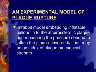 AN EXPERIMENTAL MODEL OF
PLAQUE RUPTURE
 In rabbit model embedding inflatable
balloon in to the atherosclerotic plaque
and measuring the pressure needed to
inflate the plaque-covered balloon may
be an index of plaque mechanical
strength
 