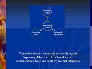 Vulnerable plaques, vulnerable myocardium, andVulnerable plaques, vulnerable myocardium, and
hypercoagulablehypercoagulable state of the blood lead tostate of the blood lead to
sudden cardiac death and acute myocardial infarction.sudden cardiac death and acute myocardial infarction.
Vulnerable
Blood
Vulnerable
Myocardium
Vulnerable
Plaque
Vulnerable
Patient
 