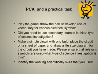 PCKPCK and a practical taskand a practical task
• Play the game ‘throw the ball’ to develop use of
vocabulary for various electrical symbols.
• Did you need to use secondary sources-is this a type
of science investigation?
• Make a simple circuit with one bulb, place the circuit
on a sheet of paper and draw a life size diagram for
the circuit you have made. Please ensure that relevant
symbols are used-what type of science investigation is
this?
• Identify the working scientifically skills that you used.
22
 