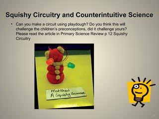 Squishy Circuitry and Counterintuitive ScienceSquishy Circuitry and Counterintuitive Science
24
• Can you make a circuit using playdough? Do you think this will
challenge the children’s preconceptions, did it challenge yours?
Please read the article in Primary Science Review p 12 Squishy
Circuitry
 