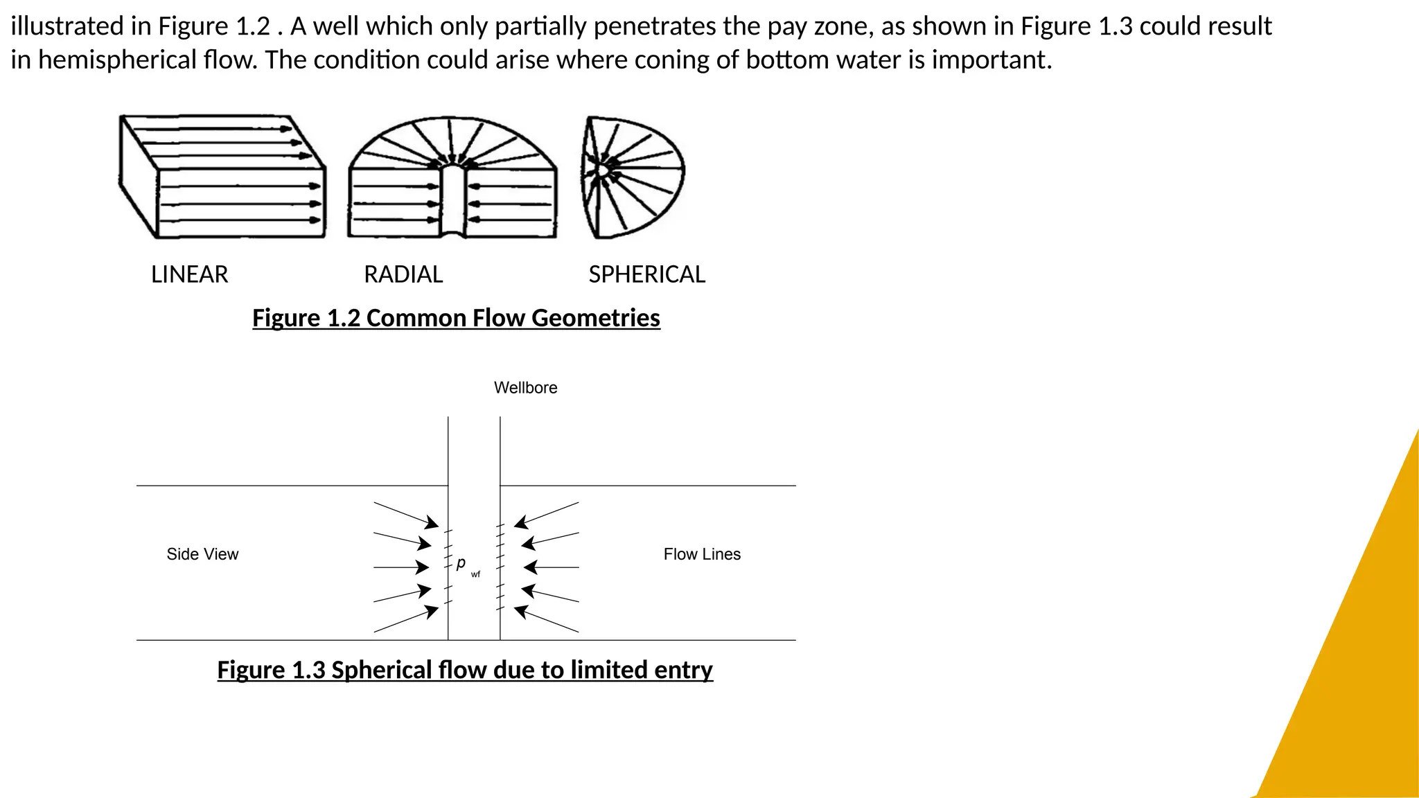 illustrated in Figure 1.2 . A well which only partially penetrates the pay zone, as shown in Figure 1.3 could result
in hemispherical flow. The condition could arise where coning of bottom water is important.
LINEAR RADIAL SPHERICAL
Figure 1.2 Common Flow Geometries
Wellbore
p
wf
Side View Flow Lines
Figure 1.3 Spherical flow due to limited entry
 