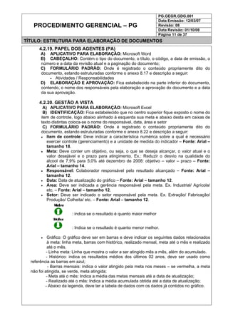 PG.GEGR.GDG.001
Data Emissão: 12/03/07
Revisão: 08
Data Revisão: 01/10/08
PROCEDIMENTO GERENCIAL – PG
Página 11 de 37
TÍTULO: ESTRUTURA PARA ELABORAÇÃO DE DOCUMENTOS
4.2.19. PAPEL DOS AGENTES (PA)
A) APLICATIVO PARA ELABORAÇÃO: Microsoft Word
B) CABEÇALHO: Contém o tipo do documento, o título, o código, a data de emissão, o
número e a data da revisão atual e a paginação do documento;
C) FORMULÁRIO PADRÃO: Onde é registrado o conteúdo propriamente dito do
documento, estando estruturadas conforme o anexo 8.17 e descrição a seguir:
• Atividades / Responsabilidades
D) ELABORAÇÃO E APROVAÇÃO: Fica estabelecido na parte inferior do documento,
contendo, o nome dos responsáveis pela elaboração e aprovação do documento e a data
da sua aprovação.
4.2.20. GESTÃO A VISTA
A) APLICATIVO PARA ELABORAÇÃO: Microsoft Excel
B) IDENTIFICAÇÃO: Fica estabelecido que no centro superior fique exposto o nome do
item de controle, logo abaixo alinhado à esquerda sua meta e abaixo desta em caixas de
texto distintas coloca-se o nome do responsável, data, área e setor
C) FORMULÁRIO PADRÃO: Onde é registrado o conteúdo propriamente dito do
documento, estando estruturadas conforme o anexo 8.22 e descrição a seguir:
• Item de controle: Deve indicar a característica numérica sobre a qual é necessário
exercer controle (gerenciamento) e a unidade de medida do indicador – Fonte: Arial –
tamanho 18.
• Meta: Deve conter um objetivo, ou seja, o que se deseja alcançar, o valor atual e o
valor desejável e o prazo para atingimento. Ex.: Reduzir o desvio na qualidade do
álcool de 7,9% para 5,0% até dezembro de 2008: objetivo – valor – prazo – Fonte:
Arial – tamanho 14.
• Responsável: Colaborador responsável pelo resultado alcançado – Fonte: Arial –
tamanho 12.
• Data: Data de atualização do gráfico – Fonte: Arial – tamanho 12.
• Área: Deve ser indicada a gerência responsável pela meta. Ex. Industrial/ Agrícola/
etc. – Fonte: Arial – tamanho 12.
• Setor: Deve ser indicado o setor responsável pela meta. Ex. Extração/ Fabricação/
Produção/ Colheita/ etc. – Fonte: Arial – tamanho 12.
: indica se o resultado é quanto maior melhor
: Indica se o resultado é quanto menor melhor.
• Gráfico: O gráfico deve ser em barras e deve indicar os seguintes dados relacionados
à meta: linha meta, barras com histórico, realizado mensal, meta até o mês e realizado
até o mês.
- Linha meta: Linha que mostra o valor a ser atingido mês a mês, além do acumulado.
- Histórico: indica os resultados médios dos últimos 02 anos, deve ser usado como
referência as barras em azul;
- Barras mensais: indica o valor atingido pela meta nos meses – se vermelha, a meta
não foi atingida, se verde, meta atingida;
- Meta até o mês: Indica a média das metas mensais até a data de atualização;
- Realizado até o mês: Indica a média acumulada obtida até a data de atualização;
- Abaixo da legenda, deve ter a tabela de dados com os dados já contidos no gráfico.
 