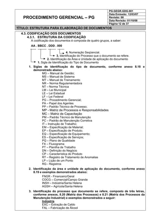 PG.GEGR.GDG.001
Data Emissão: 12/03/07
Revisão: 08
Data Revisão: 01/10/08
PROCEDIMENTO GERENCIAL – PG
Página 12 de 37
TÍTULO: ESTRUTURA PARA ELABORAÇÃO DE DOCUMENTOS
4.3. CODIFICAÇÃO DOS DOCUMENTOS
4.3.1. ESTRUTURA DA CODIFICAÇÃO
A codificação dos documentos é composta de quatro grupos, a saber:
AA . BBCC . DDD . 000
------ --------- -------- -------
4. Numeração Seqüencial.
3. Identificação do Processo que o documento se refere.
2. Identificação da Área e Unidade de aplicação do documento
1. Sigla de Identificação do Tipo de Documento
1. Siglas de identificação do tipo de documento, conforme anexo 8.18 e
demonstrado abaixo:
MG – Manual de Gestão;
MS – Manual de Sistema
MT – Manual de Treinamento
NR – Norma Regulamentadora
NT – Norma Técnica
LM – Lei Municipal
LE – Lei Estadual
LF – Lei Federal
PG – Procedimento Gerencial;
PA – Papel dos Agentes
PP – Padrão Técnico de Processo;
MP - Matriz de Processos e Responsabilidades
MC – Matriz de Capacitação
PM – Padrão Técnico de Manutenção
PC – Padrão de Manutenção Corretiva
IT – Instrução de Trabalho;
EM – Especificação de Material;
EP – Especificação de Produto;
EQ – Especificação de Equipamento;
ES – Especificação de Serviços;
PQ – Plano de Qualidade
FX – Fluxograma
PT – Planilha de Trabalho
DN – Definição do Negócio
CP – Característica do Produto
RT – Registro de Tratamento de Anomalias
LP – Lição de um Ponto
RG - Registros
2. Identificação da área e unidade de aplicação do documento, conforme anexo
8.19 e exemplos demonstrados abaixo:
FNGR - Financeiro/Geral
COCG – Comercial/Campo Grande
INSH – Indústria/Santa Helena
AGSH – Agrícola/Santa Helena
3. Identificação do processo que documento se refere, composto de três letras,
conforme anexos, 8.20 (Matriz dos Processos) e 8.21 (Matriz dos Processos da
Manutenção Industrial) e exemplos demonstrados a seguir:
Indústria
EXC – Extração de Caldo
FAL – Fabricação de Álcool
 
