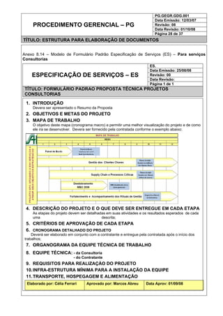PG.GEGR.GDG.001
Data Emissão: 12/03/07
Revisão: 08
Data Revisão: 01/10/08
PROCEDIMENTO GERENCIAL – PG
Página 28 de 37
TÍTULO: ESTRUTURA PARA ELABORAÇÃO DE DOCUMENTOS
Anexo 8.14 – Modelo de Formulário Padrão Especificação de Serviços (ES) – Para serviços
Consultorias
ES.
Data Emissão: 25/08/08
Revisão: 00
Data Revisão:
ESPECIFICAÇÃO DE SERVIÇOS – ES
Página 1 de 1
TÍTULO: FORMULÁRIO PADRAO PROPOSTA TÉCNICA PROJETOS
CONSULTORIAS
1. INTRODUÇÃO
Devera ser apresentado o Resumo da Proposta
2. OBJETIVOS E METAS DO PROJETO
3. MAPA DE TRABALHO
O objetivo deste mapa (cronograma macro) e permitir uma melhor visualização do projeto e de como
ele ira se desenvolver. Devera ser fornecido pela contratada conforme o exemplo abaixo:
4. DESCRIÇÃO DO PROJETO E O QUE DEVE SER ENTREGUE EM CADA ETAPA
As etapas do projeto devem ser detalhadas em suas atividades e os resultados esperados de cada
uma descrita;
5. CRITÉRIOS DE APROVAÇÃO DE CADA ETAPA
6. CRONOGRAMA DETALHADO DO PROJETO
Deverá ser elaborado em conjunto com a contratante e entregue pela contratada após o início dos
trabalhos;
7. ORGANOGRAMA DA EQUIPE TÉCNICA DE TRABALHO
8. EQUIPE TÉCNICA: - da Consultoria
- do Contratante
9. REQUISITOS PARA REALIZAÇÀO DO PROJETO
10.INFRA-ESTRUTURA MÍNIMA PARA A INSTALAÇÃO DA EQUIPE
11.TRANSPORTE, HOSPEGAGEM E ALIMENTAÇÃO
Elaborado por: Célia Ferrari Aprovado por: Marcos Abreu Data Aprov: 01/09/08
 