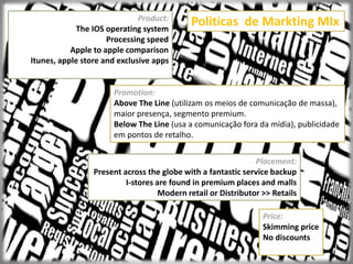 Politicas de Markting MIxProduct:
The IOS operating system
Processing speed
Apple to apple comparison
Itunes, apple store and exclusive apps
Promotion:
Above The Line (utilizam os meios de comunicação de massa),
maior presença, segmento premium.
Below The Line (usa a comunicação fora da mídia), publicidade
em pontos de retalho.
Placement:
Present across the globe with a fantastic service backup
I-stores are found in premium places and malls
Modern retail or Distributor >> Retails
Price:
Skimming price
No discounts
 
