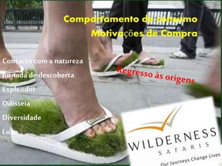 Comportamento de consumo
Motivações de Compra
Contactocom a natureza
Jornadade descoberta
Explendor
Odisseia
Diversidade
Luxo
 