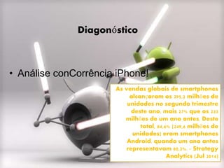 As vendas globais de smartphones
alcançaram os 295,2 milhões de
unidades no segundo trimestre
deste ano, mais 27% que os 233
milhões de um ano antes. Deste
total, 84,6% (249,6 milhões de
unidades) eram smartphones
Android, quando um ano antes
representavam 80,2%. - Strategy
Analytics (Jul 2014)
Diagonóstico
• Análise conCorrência iPhone!
 