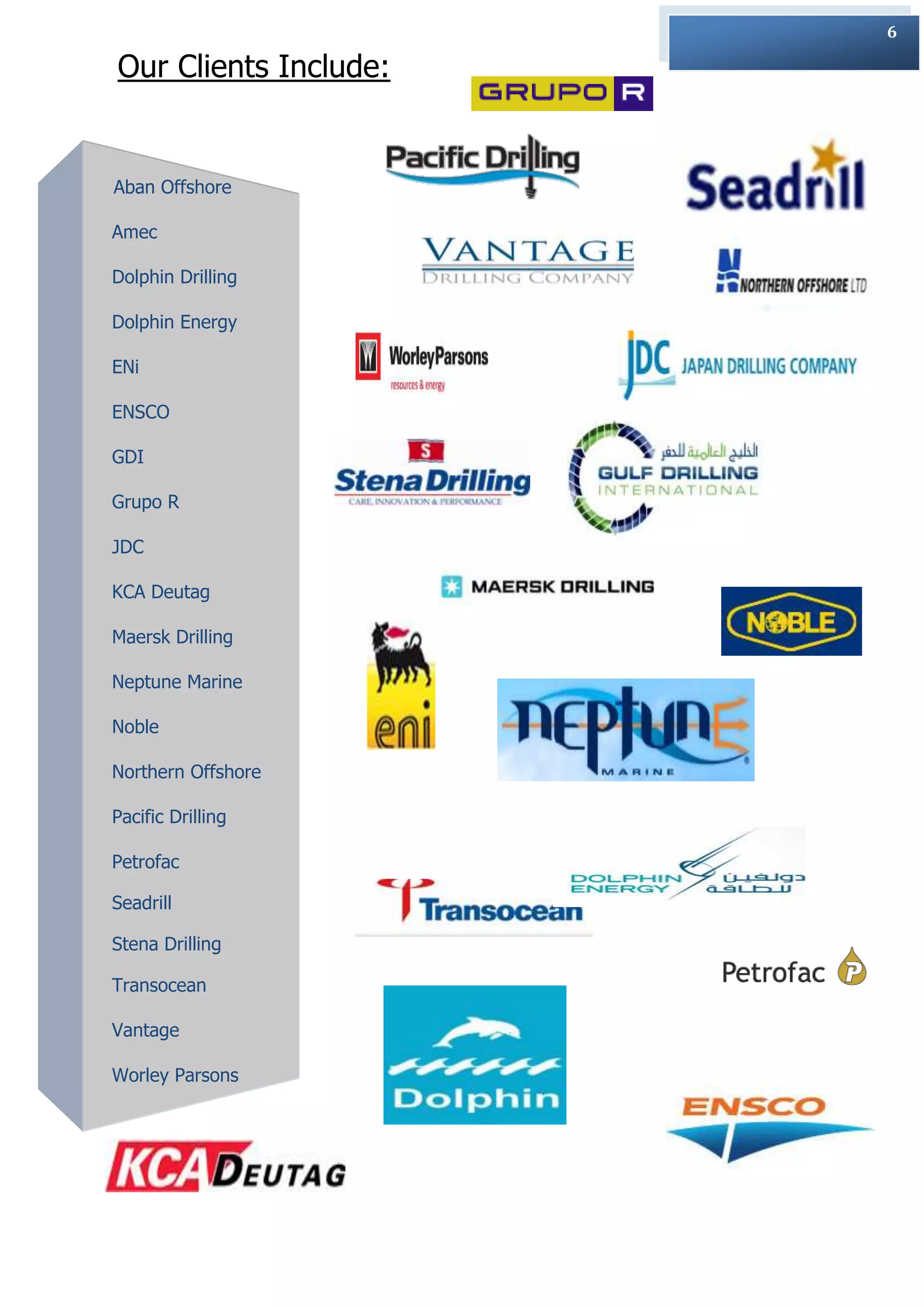 6

Our Clients Include:


Aban Offshore

Amec

Dolphin Drilling

Dolphin Energy

ENi

ENSCO

GDI

Grupo R

JDC

KCA Deutag

Maersk Drilling

Neptune Marine

Noble

Northern Offshore

Pacific Drilling

Petrofac

Seadrill

Stena Drilling

Transocean

Vantage

Worley Parsons
 