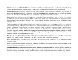 Sales: The current sales ofP&G is 2,333.79 Crores Inr which is at the 6th position in the industry. HUL is leading with asales of30,805.62
followed by Dabur India, Godrej consumer, Marico & Colgate. With the current sales figure the net profit comes out to be
Credit Facilities: Procter and Gamble maintains four bank credit facilities to support their ongoing ‘commercial paper program’. In
2014, Procter & Gamble repurchased $10 billion in shares. The company expects to repurchase up to $24-$30 billion of company
shares in the future. As of June 30, 2014, there were approximately 2,231,000 common stock shareholders.
Brand names: Procter & Gamble has one of the largest and strongest portfolios of trusted brands. Procter and Gamble is the producer
of products in nearly 50 categories. Because of this, they have been able to bond technologies within the categories in various
astonishing ways. Procter & Gamble operates in more than 80 countries worldwide, which makes for one of the largest global
companies around.
Product Innovation: Procter & Gamble’s strategy is mostly focused on innovation. P&G is also strongly committed to the concept of
sustainable development, and continues to lead its industry in that regard. The company views sustainability as an opportunity to
innovate products that improve the lives of the world’s consumers. Procter and Gamble’s Innovation strategy is called Connect +
Develop. This strategy is seeking to build a global innovation network. Through Connect + Develop relationships, the company
continually searches for products, packaging, technologies and commercial opportunities that can be reapplied to brands and rapidly
introduced to better meet consumers’ diverse needs. This strategy seeks to leverage the ideas, talents and innovation assets of
individuals, institutes and companies around the world.
R&D: Over the years, Procter & Gamble’s Research and Development team has revolutionized home care. Many breakthroughs
originate in the Procter & Gamble’s laboratories. It has spent a sum of Rs 200Cr in R&D for the year 2014.
Global Operations: Procter & Gamble operates in more than 80 countries worldwide, which makes for one of the largest global
companies around.
Procter & Gamble manufacturers their own products, and they do so in different places all throughout the world. These places include
the US, Canada, Latin America, China, Asia and Africa.
Employee Diversity: Procter & Gamble has been recognized by Black Enterprise magazine as one of the top 40 Best Companies for
Diversity. Procter and Gamble has demonstrated a significant representation of African Americans and other ethnic minorities in four
key areas: corporate procurement, corporate board participation, senior management representation and their total workforce.
 