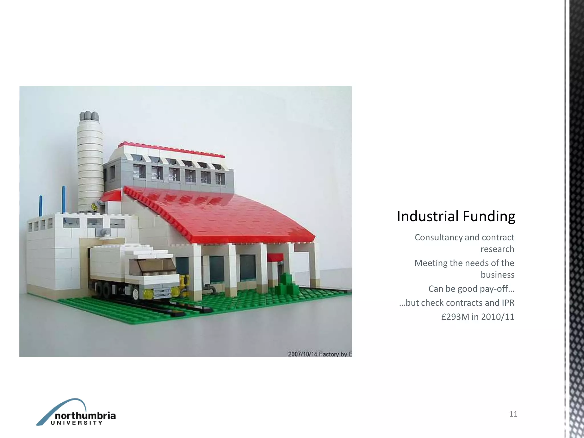 Consultancy and contract
                   research
   Meeting the needs of the
                    business
       Can be good pay-off…
…but check contracts and IPR
          £293M in 2010/11




                          11
 