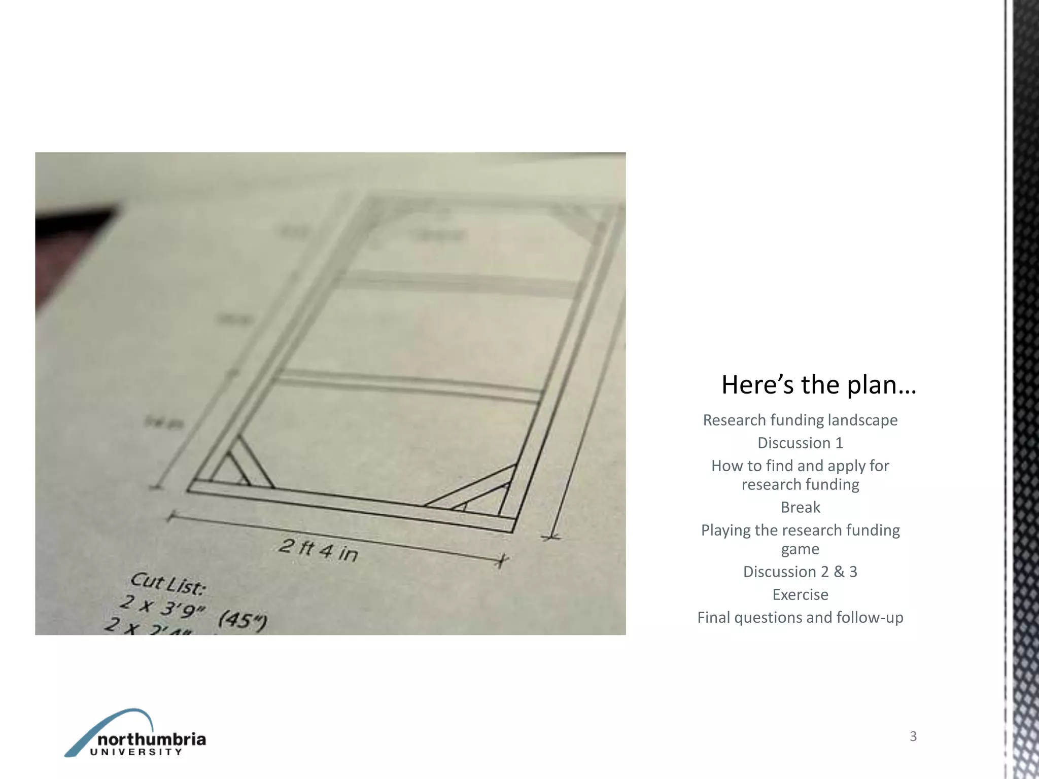 Research funding landscape
         Discussion 1
  How to find and apply for
       research funding
            Break
Playing the research funding
            game
       Discussion 2 & 3
           Exercise
Final questions and follow-up




                                3
 