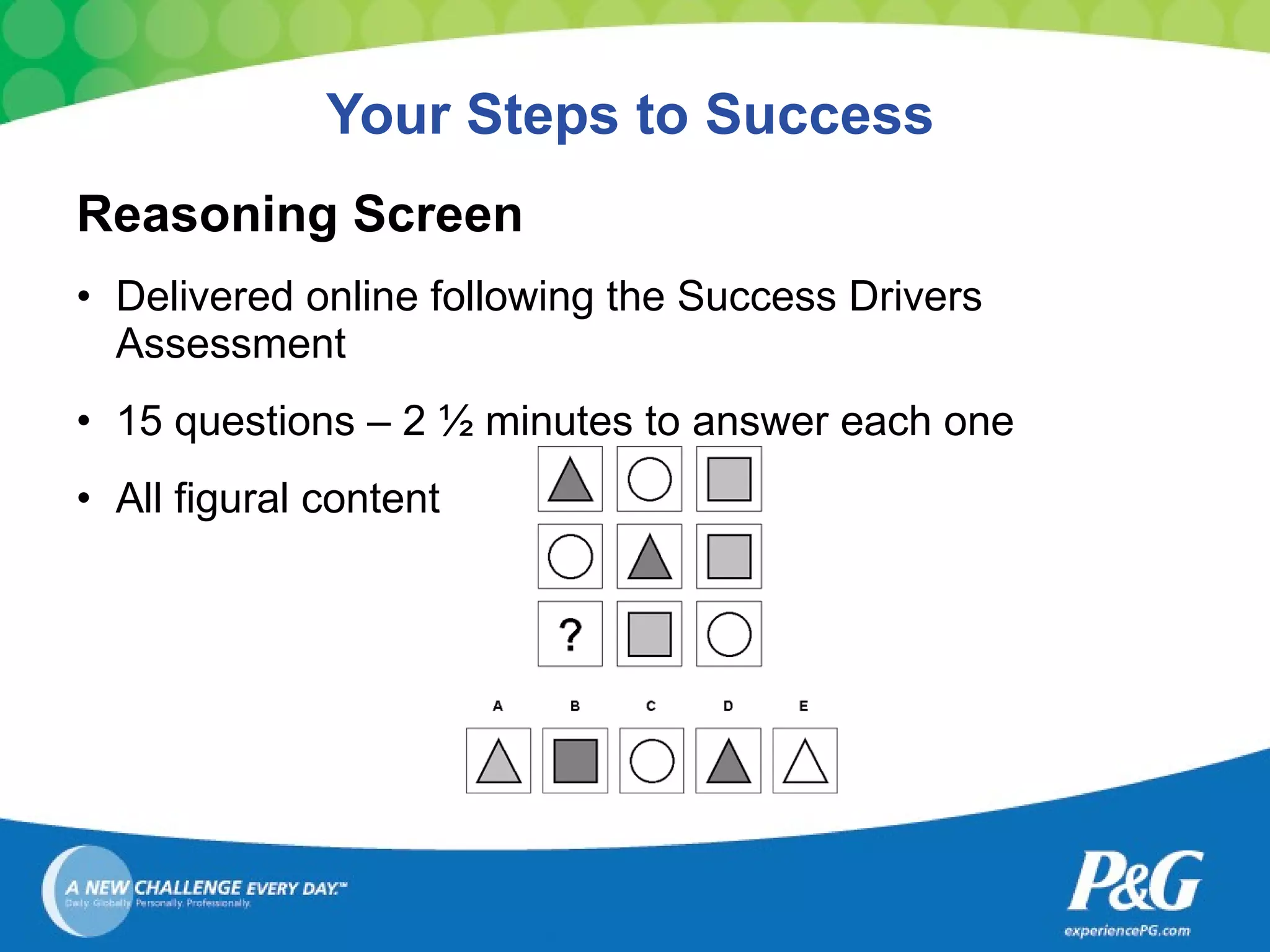 Your Steps to Success Reasoning Screen Delivered online following the Success Drivers Assessment 15 questions – 2 ½ minutes to answer each one All figural content  