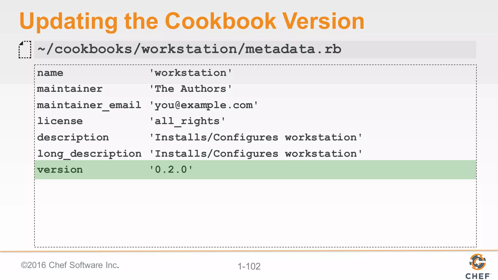 ©2016  Chef  Software  Inc. 1-­102
Updating  the  Cookbook  Version
name 'workstation'
maintainer 'The Authors'
maintainer_email 'you@example.com'
license 'all_rights'
description 'Installs/Configures workstation'
long_description 'Installs/Configures workstation'
version '0.2.0'
~/cookbooks/workstation/metadata.rb
 