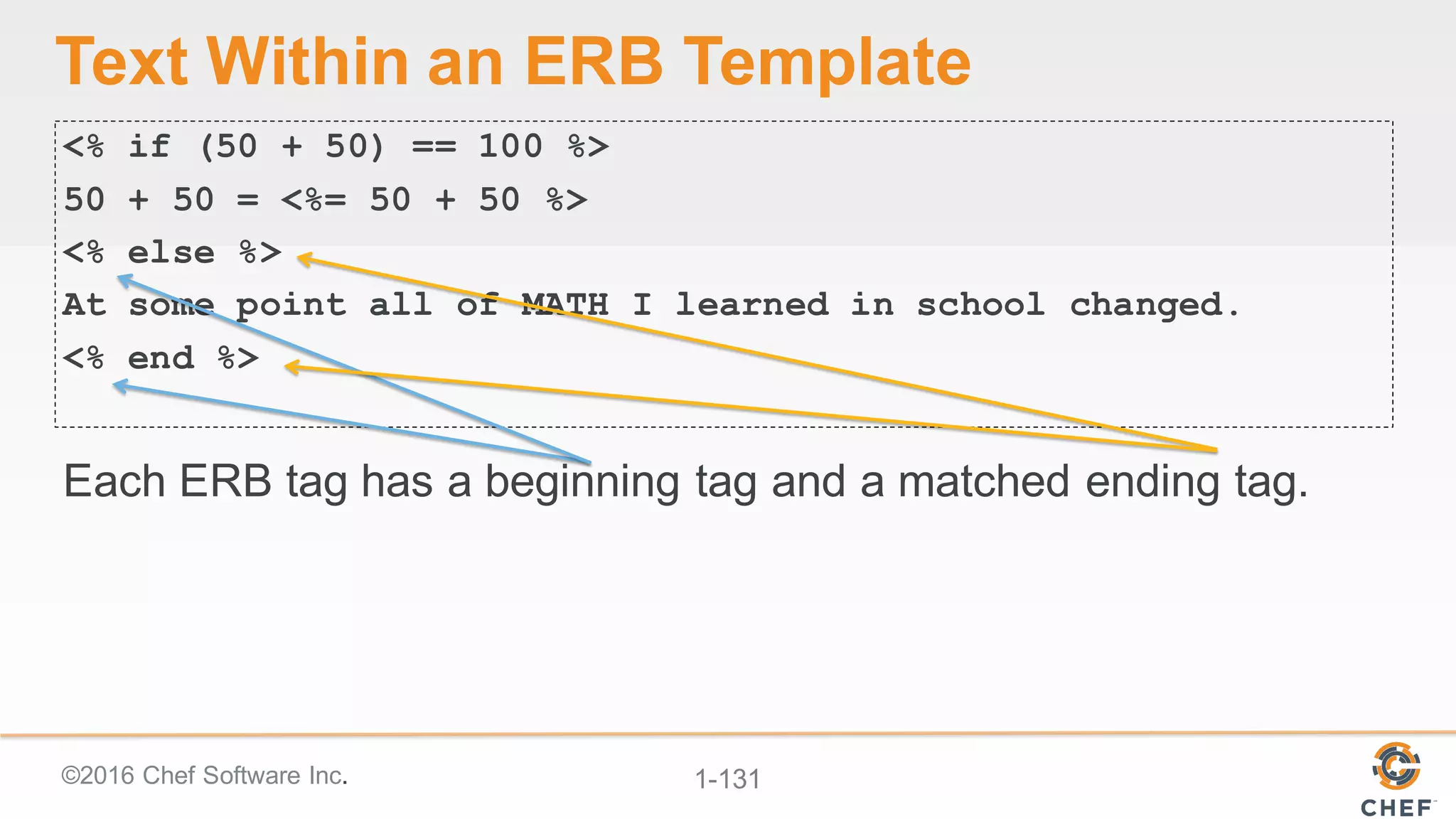 ©2016  Chef  Software  Inc. 1-­131
Text  Within  an  ERB  Template
<% if (50 + 50) == 100 %>
50 + 50 = <%= 50 + 50 %>
<% else %>
At some point all of MATH I learned in school changed.
<% end %>
Each  ERB  tag  has  a  beginning  tag  and  a  matched  ending  tag.
 