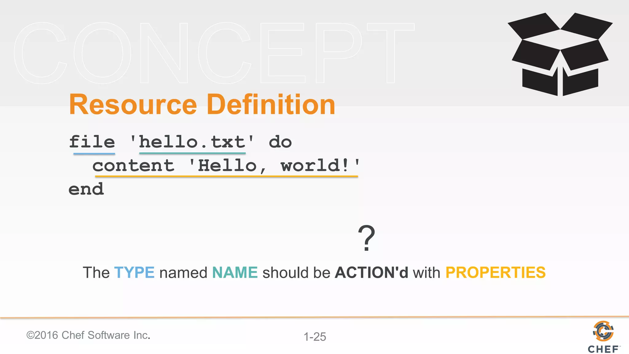 ©2016  Chef  Software  Inc. 1-­25
Resource  Definition
file 'hello.txt' do
content 'Hello, world!'
end
?
The  TYPE named  NAME should  be  ACTION'd with  PROPERTIES
 