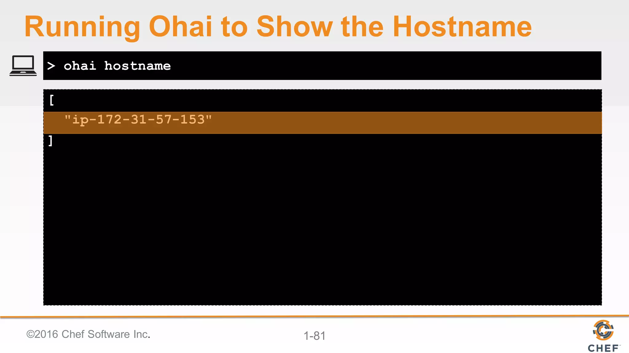 ©2016  Chef  Software  Inc. 1-­81
[
"ip-172-31-57-153"
]
> ohai hostname
Running  Ohai to  Show  the  Hostname
 