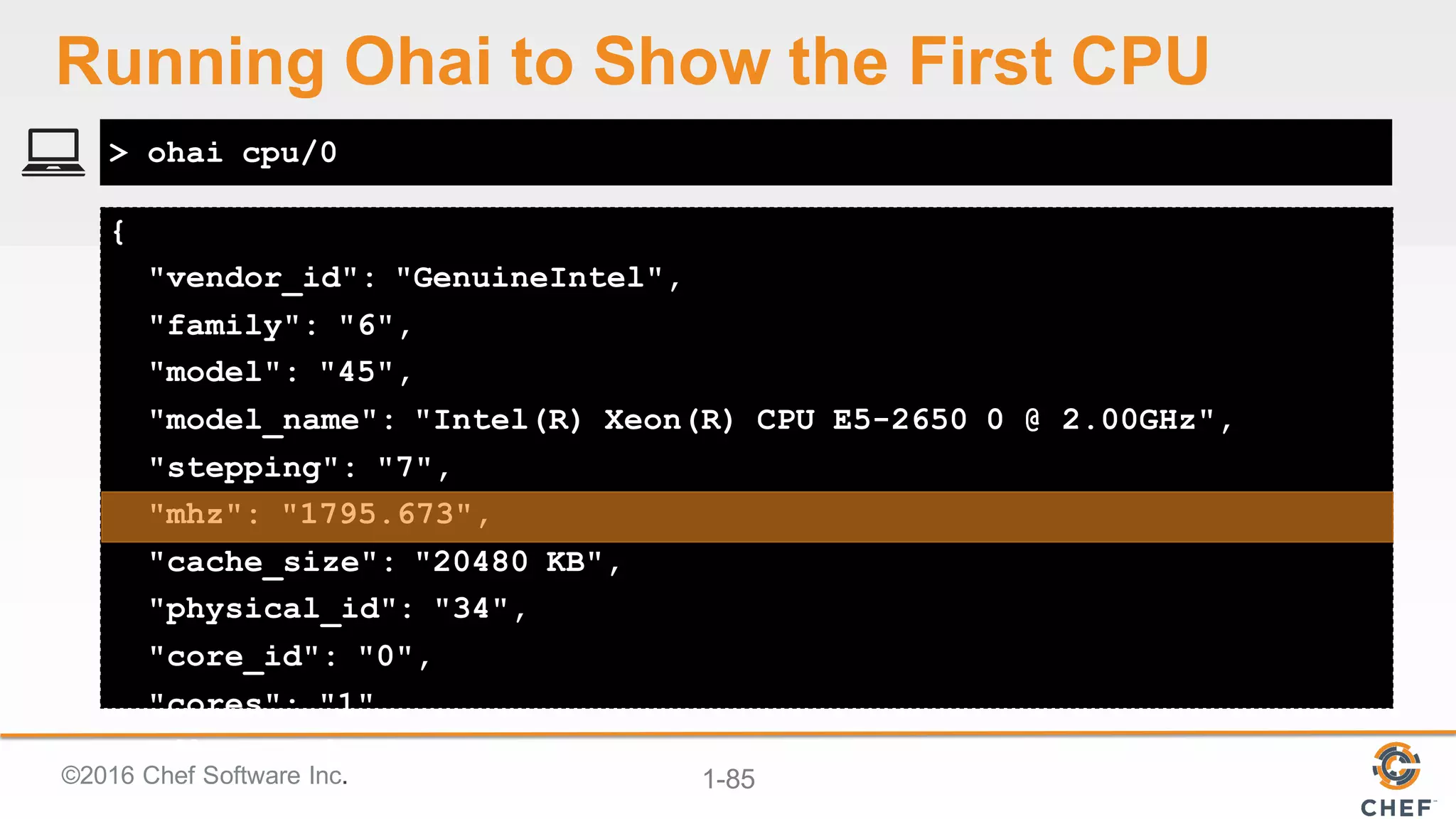 ©2016  Chef  Software  Inc. 1-­85
{
"vendor_id": "GenuineIntel",
"family": "6",
"model": "45",
"model_name": "Intel(R) Xeon(R) CPU E5-2650 0 @ 2.00GHz",
"stepping": "7",
"mhz": "1795.673",
"cache_size": "20480 KB",
"physical_id": "34",
"core_id": "0",
"cores": "1",
"flags": [
> ohai cpu/0
Running  Ohai to  Show  the  First  CPU
 