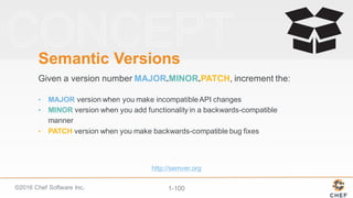 ©2016  Chef  Software  Inc. 1-­100
Semantic  Versions
Given  a  version  number  MAJOR.MINOR.PATCH,  increment  the:
• MAJOR version  when  you  make  incompatible  API  changes
• MINOR version  when  you  add  functionality  in  a  backwards-­compatible  
manner
• PATCH version  when  you  make  backwards-­compatible  bug  fixes
http://semver.org
 