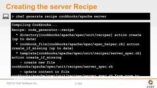 ©2016  Chef  Software  Inc. 1-­151
Compiling Cookbooks...
Recipe: code_generator::recipe
* directory[cookbooks/apache/spec/unit/recipes] action create
(up to date)
* cookbook_file[cookbooks/apache/spec/spec_helper.rb] action
create_if_missing (up to date)
* template[cookbooks/apache/spec/unit/recipes/server_spec.rb]
action create_if_missing
- create new file
cookbooks/apache/spec/unit/recipes/server_spec.rb
- update content in file
cookbooks/apache/spec/unit/recipes/server_spec.rb from none to
a43970
> chef generate recipe cookbooks/apache server
Creating  the  server  Recipe
 