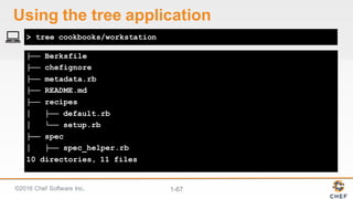 ©2016  Chef  Software  Inc. 1-­67
├── Berksfile
├── chefignore
├── metadata.rb
├── README.md
├── recipes
│ ├── default.rb
│ └── setup.rb
├── spec
│ ├── spec_helper.rb
10 directories, 11 files
> tree cookbooks/workstation
Using  the  tree  application
 