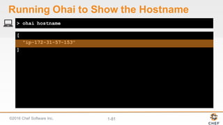 ©2016  Chef  Software  Inc. 1-­81
[
"ip-172-31-57-153"
]
> ohai hostname
Running  Ohai to  Show  the  Hostname
 