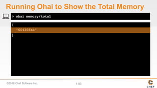 ©2016  Chef  Software  Inc. 1-­83
[
"604308kB"
]
> ohai memory/total
Running  Ohai to  Show  the  Total  Memory
 