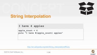 ©2016  Chef  Software  Inc. 1-­94
String  Interpolation
apple_count = 4
puts "I have #{apple_count} apples"
http://en.wikipedia.org/wiki/String_interpolation#Ruby
I have 4 apples
 