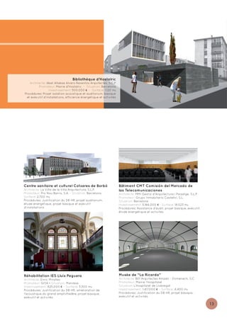Bibliothèque d’Hostalric
   Architecte: Abat Altabas Alvaro Raventós Arquitectes, S.C.P
         Promoteur: Mairie d'Hostalric - Situation: Barcelona
                 Investissement: 500.000 € - Surface: 1.120 m2
Procédures: Projet isolation acoustique et auditorium, basique
 et exécutif d’installations, efficience énergétique et activités




Centre sanitaire et culturel Cotxeres de Borbó                      Bâtiment CMT Comisión del Mercado de
Architecte: La Viña de la Villa Arquitectura, S.L.P.                las Telecomunicaciones
Promoteur: Pro Nou Barris, S.A. - Situation: Barcelona              Architecte: MMI Gestió d'Arquitectura i Paisatge, S.L.P
Surface: 2.700 m2                                                   Promoteur: Grupo Inmobiliario Castellví, S.L.
Procédures: Justification du DB-HR, projet auditorium,              Situation: Barcelona
étude énergétique, projet basique et exécutif                       Investissement: 5.166.000 € - Surface: 18.523 m2
d'installations                                                     Procédures: Assistance d’audit, projet basique, exécutif,
                                                                    étude énergétique et activités




Réhabilitation IES Lluís Peguera                                    Musée de “La Ricarda”
Architecte: Enric Miralles                                          Architecte: B01 Arquitectes Amadó - Domènech, S.C
Promoteur: GISA - Situation: Manresa                                Promoteur: Mairie l’Hospitalet
Investissement: 825.000 € - Surface: 3.300 m2                       Situation: L’Hospitalet de Llobregat
Procédures: Justification du DB-HR, amélioration de                 Investissement: 1.417.000 € - Surface: 4.400 m2
l'acoustique du grand amphithéâtre, projet basique,                 Procédures: Justification du DB-HR, projet basique,
exécutif et activités                                               exécutif et activités

                                                                                                                                13
 