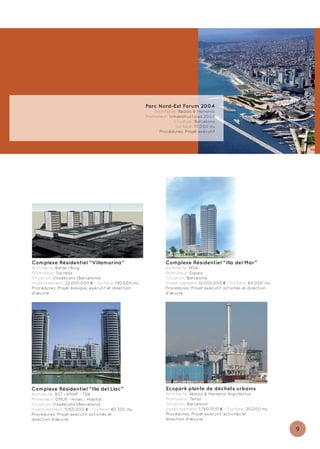 Parc Nord-Est Forum 2004
                                                         Architecte: Abalos & Herreros
                                                     Promoteur: Infraestructures 2004
                                                                  Situation: Barcelona
                                                                   Surface: 117.000 m2
                                                           Procédures: Projet exécutif




Complexe Résidentiel “Villamarina”                            Complexe Résidentiel “Illa del Mar”
Architecte: Batlle i Roig                                     Architecte: MSA
Promoteur: Sacresa                                            Promoteur: Espais
Situation: Viladecans (Barcelona)                             Situation: Barcelona
Investissement: 22.000.000 € - Surface: 190.000 m2            Investissement: 12.000.000 € - Surface: 60.000 m2
Procédures: Projet basique, exécutif et direction             Procédures: Projet exécutif, activités et direction
d'œuvre                                                       d'œuvre




Complexe Résidentiel “Illa del Llac”                          Ecopark plante de déchets urbains
Architecte: BST i KM+P - TDA                                  Architecte: Abalos & Herreros Arquitectos
Promoteur: DMLR - Hines - Habitat                             Promoteur: Tersa
Situation: Viladecans (Barcelona)                             Situation: Barcelona
Investissement: 5.150.000 € - Surface: 40.300 m2              Investissement: 1.760.000 € - Surface: 20.000 m2
Procédures: Projet exécutif, activités et                     Procédures: Projet exécutif, activités et
direction d’œuvre                                             direction d’œuvre

                                                                                                                    9
 