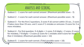 ANALYSIS AND SCORING
✗ Subtest 1 - 1 score for each correct answer. (Maximum possible score - 7)
✗ Subtest 2 - 1 score for each correct answer. (Maximum possible score - 5)
✗ Subtest 3 - For the first 2 questions, 3 score if all correct within 15 sec., 2 score
if takes more than 15 secs. and 1 score if 1 mistake or omission. 0 score for 2 or
more mistakes.
✗ Subtest 4 - For first question, 3-4 digits = 1 score, 5-6 digits = 2 score, (1 score
for mistake), 7-8 digits = 3 score (2 score for 1 mistake and 0 score for more
than 2 mistakes). (Maximum possible score = 12)
✗ Subtest 5 - 1 score for each correct. (Total possible score = 10)
14
 