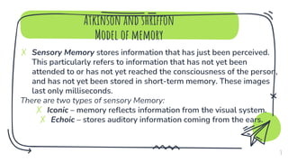 Atkinson and shriffon
Model of memory
✗ Sensory Memory stores information that has just been perceived.
This particularly refers to information that has not yet been
attended to or has not yet reached the consciousness of the person,
and has not yet been stored in short-term memory. These images
last only milliseconds.
There are two types of sensory Memory:
✗ Iconic – memory reflects information from the visual system.
✗ Echoic – stores auditory information coming from the ears.
3
 