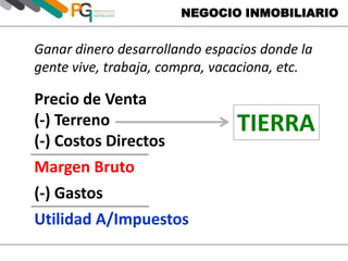 NEGOCIO INMOBILIARIO
Ganar dinero desarrollando espacios donde la
gente vive, trabaja, compra, vacaciona, etc.
Precio de Venta
(-) Terreno
(-) Costos Directos
Margen Bruto
(-) Gastos
Utilidad A/Impuestos
TIERRA
 