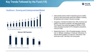 17
Source : IQVIA, Kotak Institutional Equities; Jefferies
661
731
804
915
1048
1143
1225
1355
1503
1569
1855
3050
2012 2013 2014 2015 2016 2017 2018 2019 2020 2021 2022 2027E
3.8
3.1 3 2.9
2.5
1.4
Australia Italy Spain US UK India
Beds per 1000 Population
Source: OECD, The Center For Disease Dynamics, Economics & Policy, Jefferies
Key Trends Followed by the Fund (1/5)
Healthcare : Growing and Underpenetrated Market
➢ Indian domestic pharma market is expected to grow at a healthy
clip led by rising income levels, government initiatives, increasing
life expectancy and increase in insurance coverage.
➢ US generics + Domestic formulations from >50% of revenues and
profits for most pharma companies in the listed equities space.
The US generic drug market was pegged at US$74bn in CY20.
Indian companies accounted for 47% of all generic prescriptions
in the US in 2022.
➢ Despite being home to ~1/5th of the global population, India has
only ~2.1 MN beds, translating to 1.5 beds per 1,000 persons. To
meet the WHO's guideline of 3.5 beds per 1,000 persons, India
would need to add ~3 Mn beds in the coming years.
 