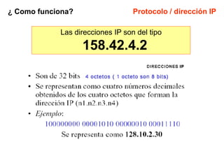 ¿ Como funciona?                  Protocolo / dirección IP

            Las direcciones IP son del tipo

                   158.42.4.2
 