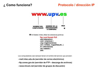 ¿ Como funciona?                                             Protocolo / dirección IP




        Los computadores casi siempre tienen el nombre del servicio que proveen:

        - mail.intec.edu.do (servidor de correo electrónico)
        - ftp.cones.gov.do (servidor de FTP – descarga de archivos)
        - news.tricom.net (servidor de grupos de discusión)
 