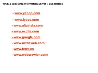 WAIS, ( Wide Area Information Server ). Buscadores


        - www.yahoo.com

        - www.lycos.com
       - www.altavista.com
       - www.excite.com
       - www.google.com
       - www.alltheweb.com/
       - www.terra.es
       - www.webcrawler.com/
 