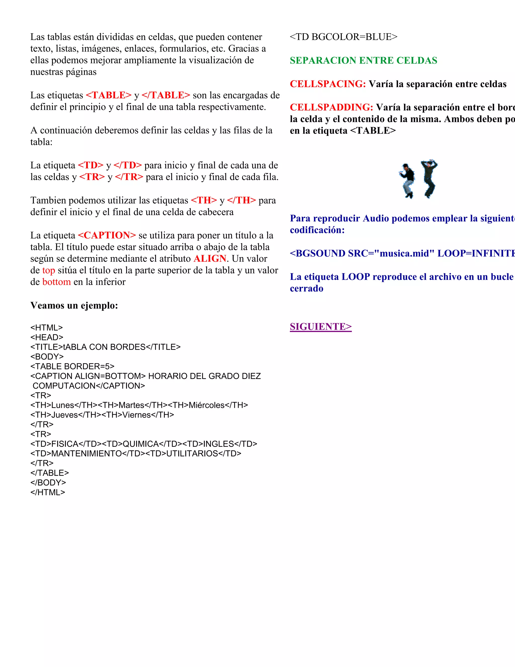 Las tablas están divididas en celdas, que pueden contener            <TD BGCOLOR=BLUE>
texto, listas, imágenes, enlaces, formularios, etc. Gracias a
ellas podemos mejorar ampliamente la visualización de                SEPARACION ENTRE CELDAS
nuestras páginas
                                                                     CELLSPACING: Varía la separación entre celdas
Las etiquetas <TABLE> y </TABLE> son las encargadas de
definir el principio y el final de una tabla respectivamente. CELLSPADDING: Varía la separación entre el bord
                                                              la celda y el contenido de la misma. Ambos deben po
A continuación deberemos definir las celdas y las filas de la en la etiqueta <TABLE>
tabla:

La etiqueta <TD> y </TD> para inicio y final de cada una de
las celdas y <TR> y </TR> para el inicio y final de cada fila.

Tambien podemos utilizar las etiquetas <TH> y </TH> para
definir el inicio y el final de una celda de cabecera
                                                                     Para reproducir Audio podemos emplear la siguiente
                                                                     codificación:
La etiqueta <CAPTION> se utiliza para poner un título a la
tabla. El título puede estar situado arriba o abajo de la tabla
                                                                     <BGSOUND SRC="musica.mid" LOOP=INFINITE
según se determine mediante el atributo ALIGN. Un valor
de top sitúa el título en la parte superior de la tabla y un valor
                                                                     La etiqueta LOOP reproduce el archivo en un bucle
de bottom en la inferior
                                                                     cerrado
Veamos un ejemplo:

<HTML>                                                               SIGUIENTE>
<HEAD>
<TITLE>tABLA CON BORDES</TITLE>
<BODY>
<TABLE BORDER=5>
<CAPTION ALIGN=BOTTOM> HORARIO DEL GRADO DIEZ
COMPUTACION</CAPTION>
<TR>
<TH>Lunes</TH><TH>Martes</TH><TH>Miércoles</TH>
<TH>Jueves</TH><TH>Viernes</TH>
</TR>
<TR>
<TD>FISICA</TD><TD>QUIMICA</TD><TD>INGLES</TD>
<TD>MANTENIMIENTO</TD><TD>UTILITARIOS</TD>
</TR>
</TABLE>
</BODY>
</HTML>
 