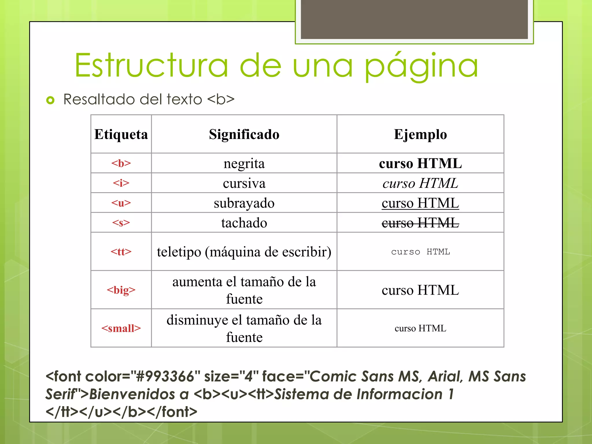 Estructura de una página
   Resaltado del texto <b>

        Etiqueta           Significado               Ejemplo
          <b>                 negrita               curso HTML
           <i>               cursiva                 curso HTML
          <u>               subrayado               curso HTML
          <s>                tachado                curso HTML
          <tt>     teletipo (máquina de escribir)    curso HTML


                     aumenta el tamaño de la
         <big>                                      curso HTML
                             fuente
                    disminuye el tamaño de la
         <small>                                      curso HTML
                             fuente

<font color="#993366" size="4" face="Comic Sans MS, Arial, MS Sans
Serif">Bienvenidos a <b><u><tt>Sistema de Informacion 1
</tt></u></b></font>
 