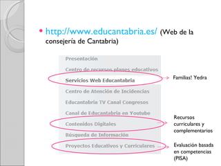 http://www.educantabria.es/   (Web de la consejería de Cantabria) Familias! Yedra Recursos curriculares y complementarios Evaluación basada en competencias (PISA) 