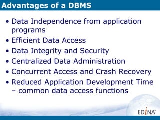 Advantages of a DBMS Data Independence from application programs Efficient Data Access Data Integrity and Security Centralized Data Administration Concurrent Access and Crash Recovery Reduced Application Development Time – common data access functions 